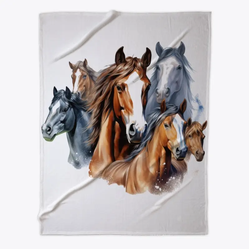 5 Beautiful Horses on Fleece Blanket