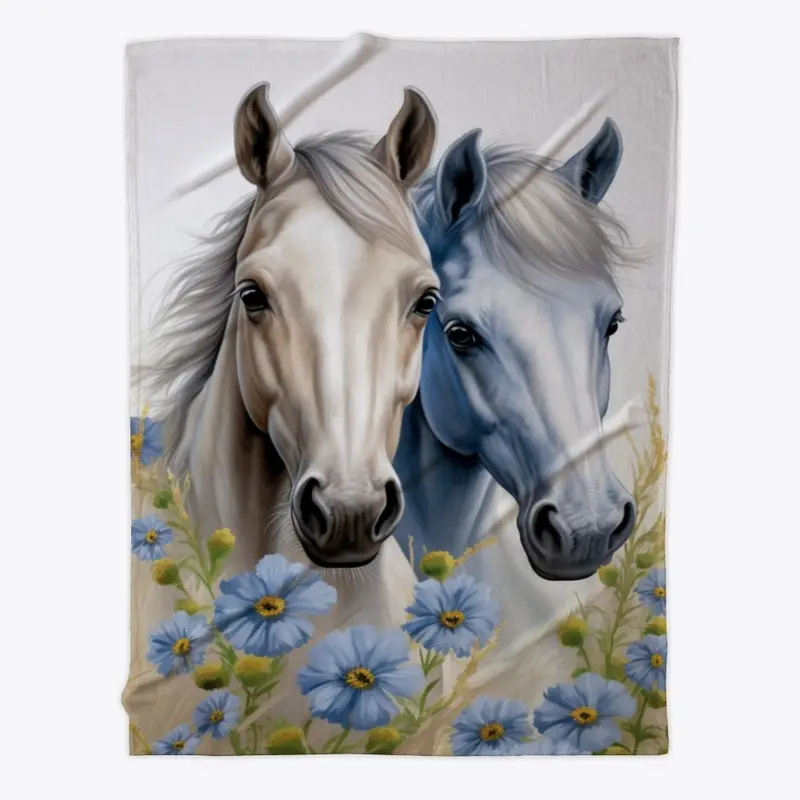 Young Palomino and Gray in Blue Flowers