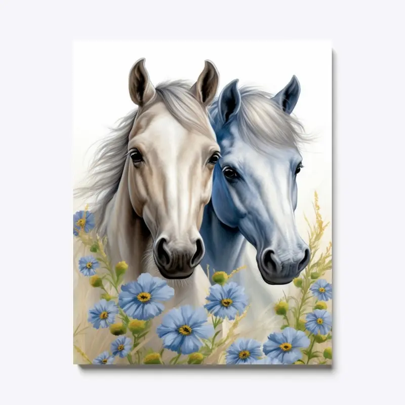 Young Palomino and Gray in Blue Flowers