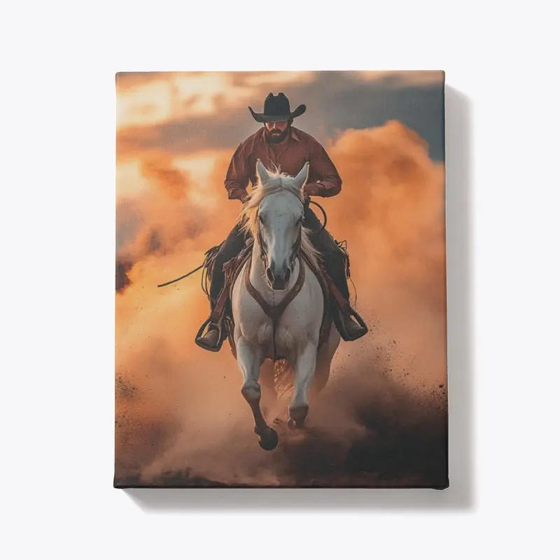 Cowboy riding a white horse at sunset