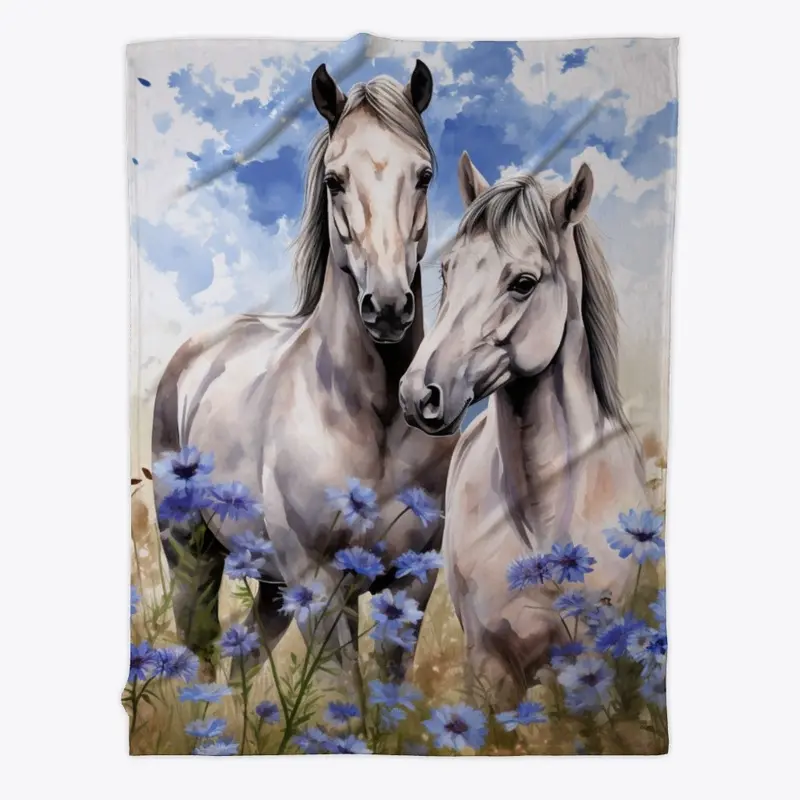 2 Gray Horses with Blue Flowers