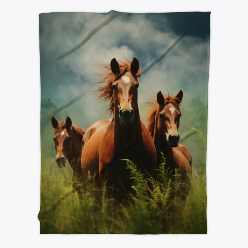 3 Horses in Green Grassy Field Fleece